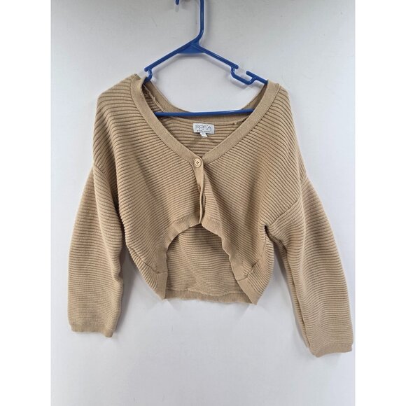 Sofia Women's Cardigan Sweater Cropped  Long Sleeve Knit V Neck Tan Size XL - Picture 1 of 6